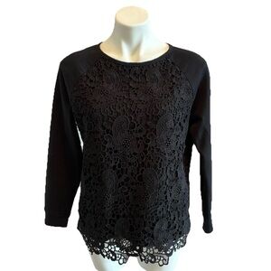Adrianne Papell Womans Floral Lace Overlay Sweatshirt Black Boho Top Size Medium